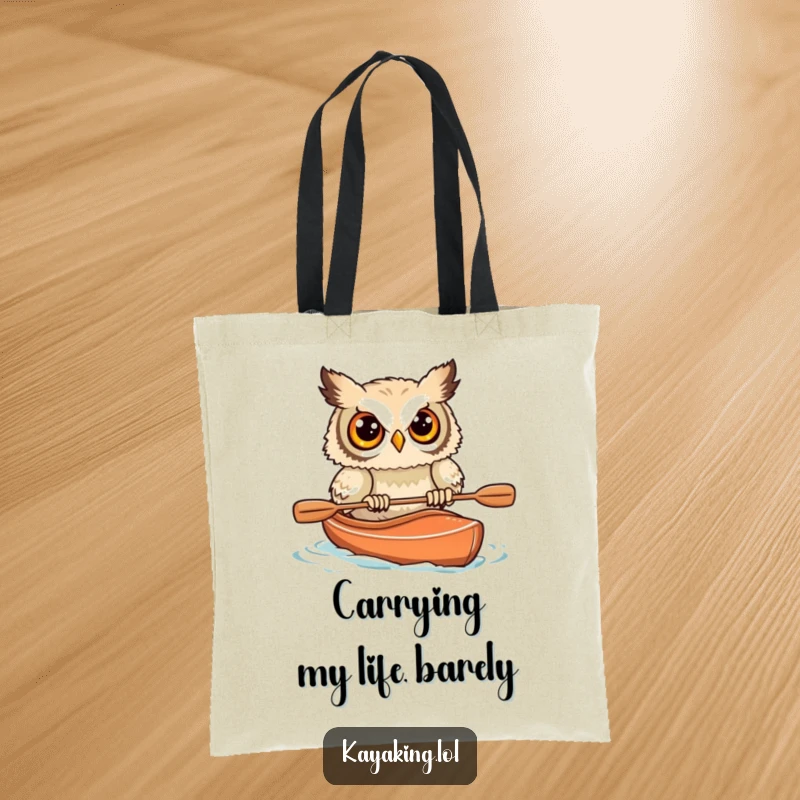 Funny Startled Owl Kayak Tote Bag: A surprised owl's kayak moment, bringing humor to everyday carrying.