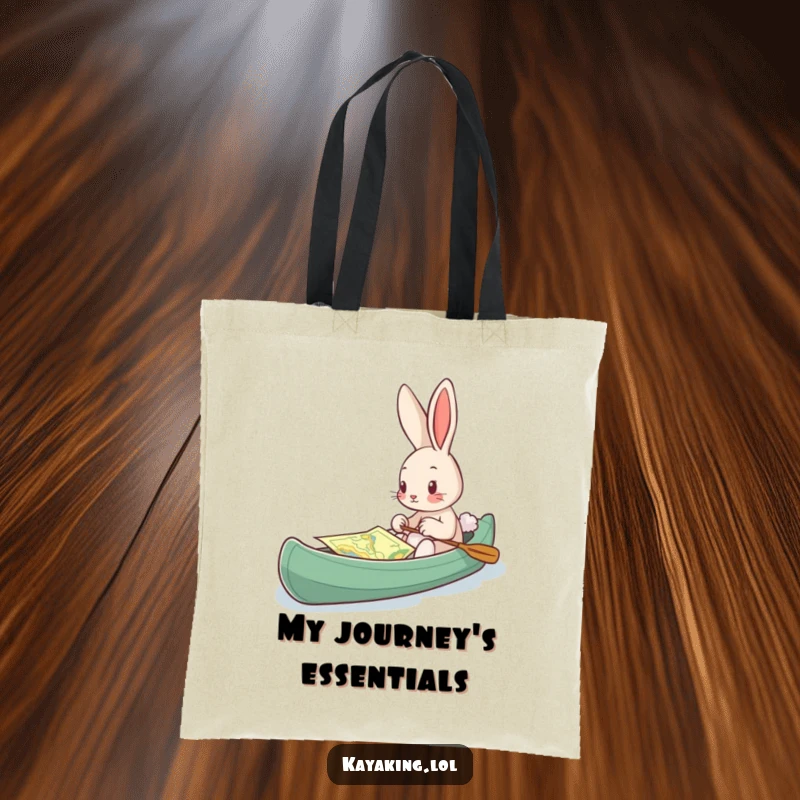 Funny Tote Bag, a bunny looking at a map in a kayak, showcasing curiosity and carrying capacity.