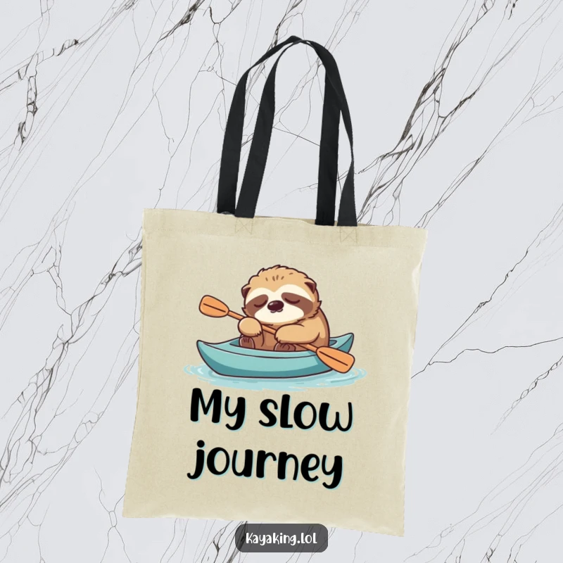 Funny sloth napping in a kayak, paddle nearby, featured on a durable tote bag for relaxed carrying.