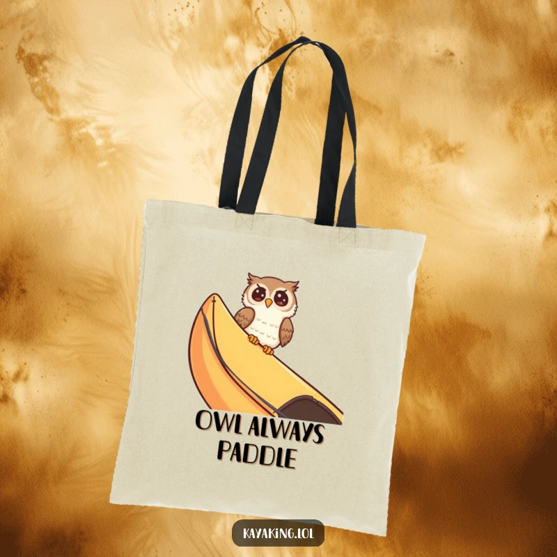 Funny giggling owl peeking over a kayak edge, radiating infectious laughter on a paddling trip. This tote bag is a stylish laugh.